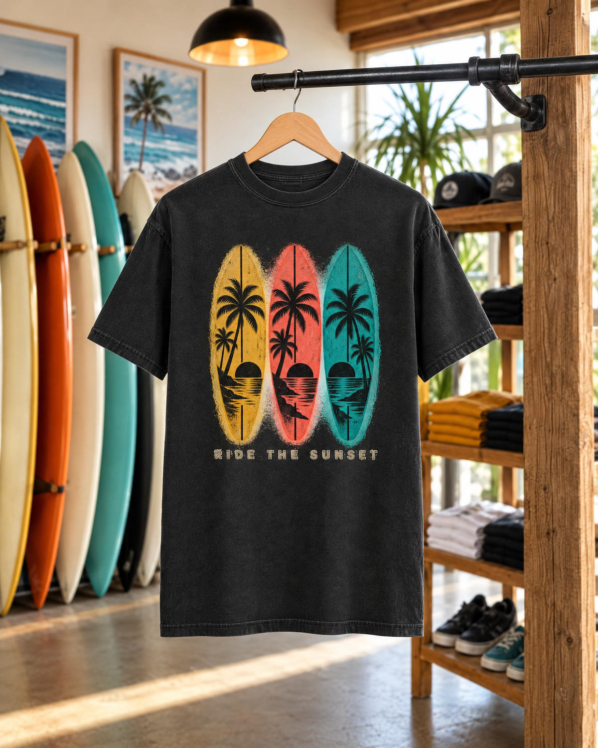 Ride The Sunset tee mockup on a hanger