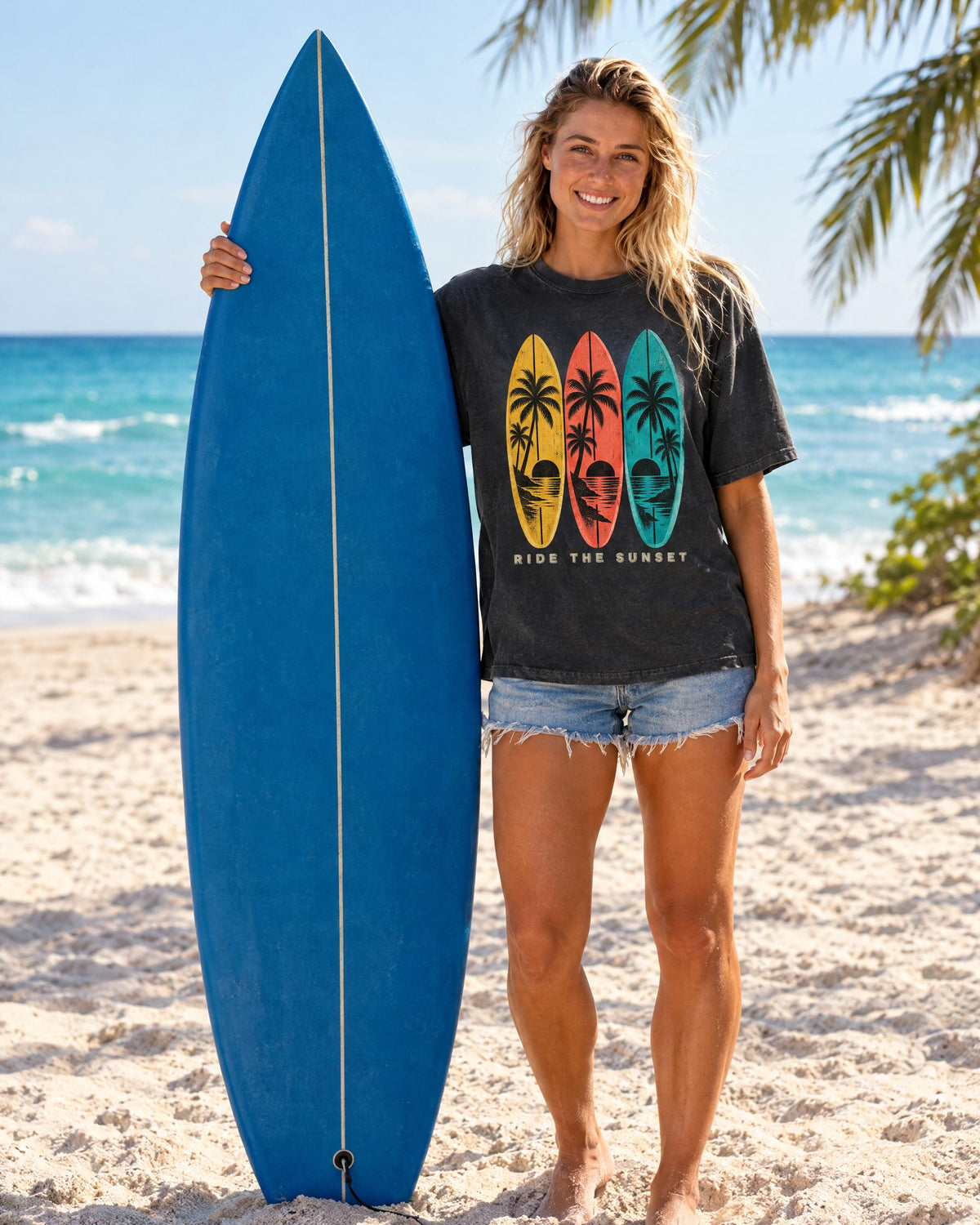 Ride The Sunset tee worn at the beach