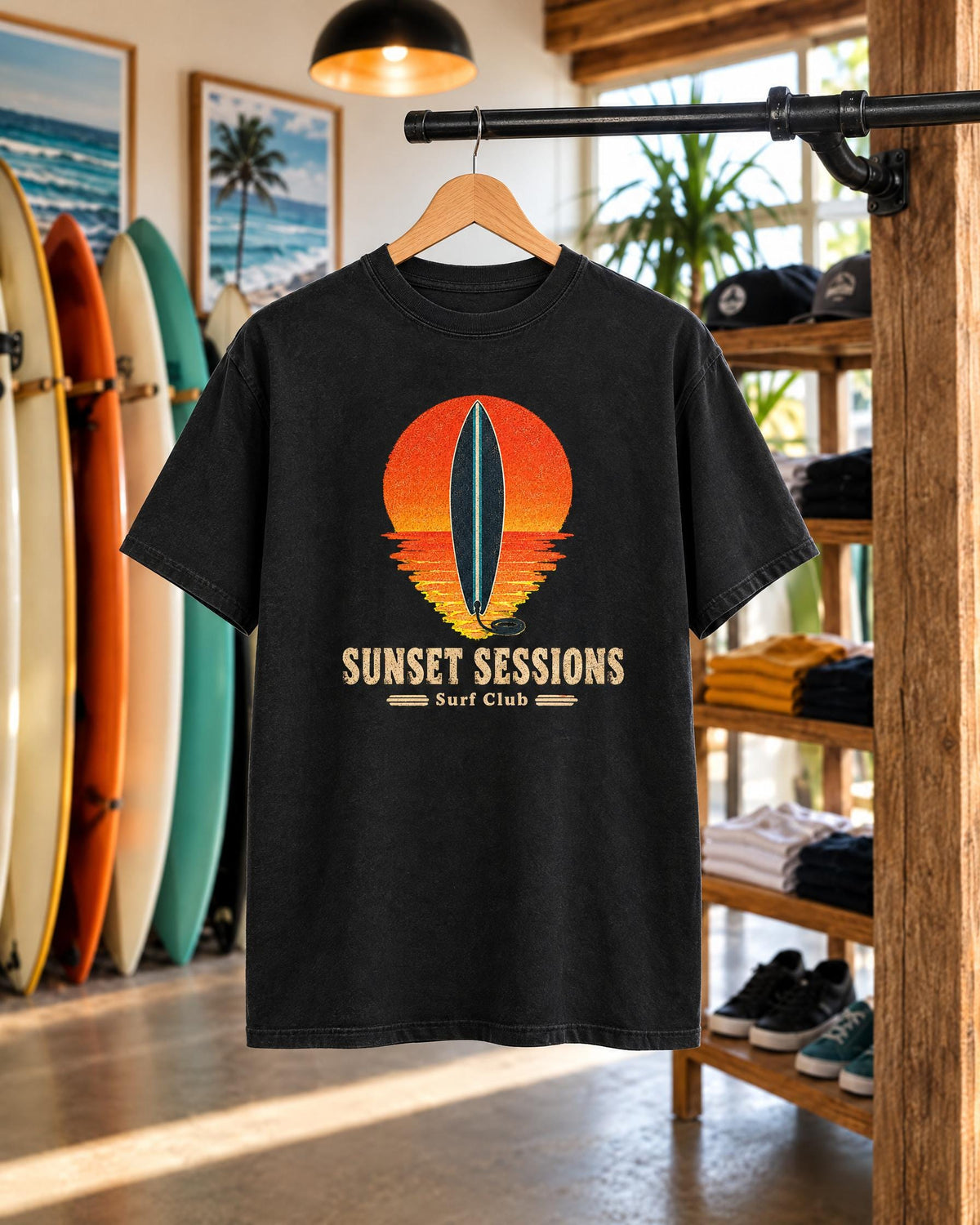 Sunset Sessions Surf Club tee mockup on a hanger