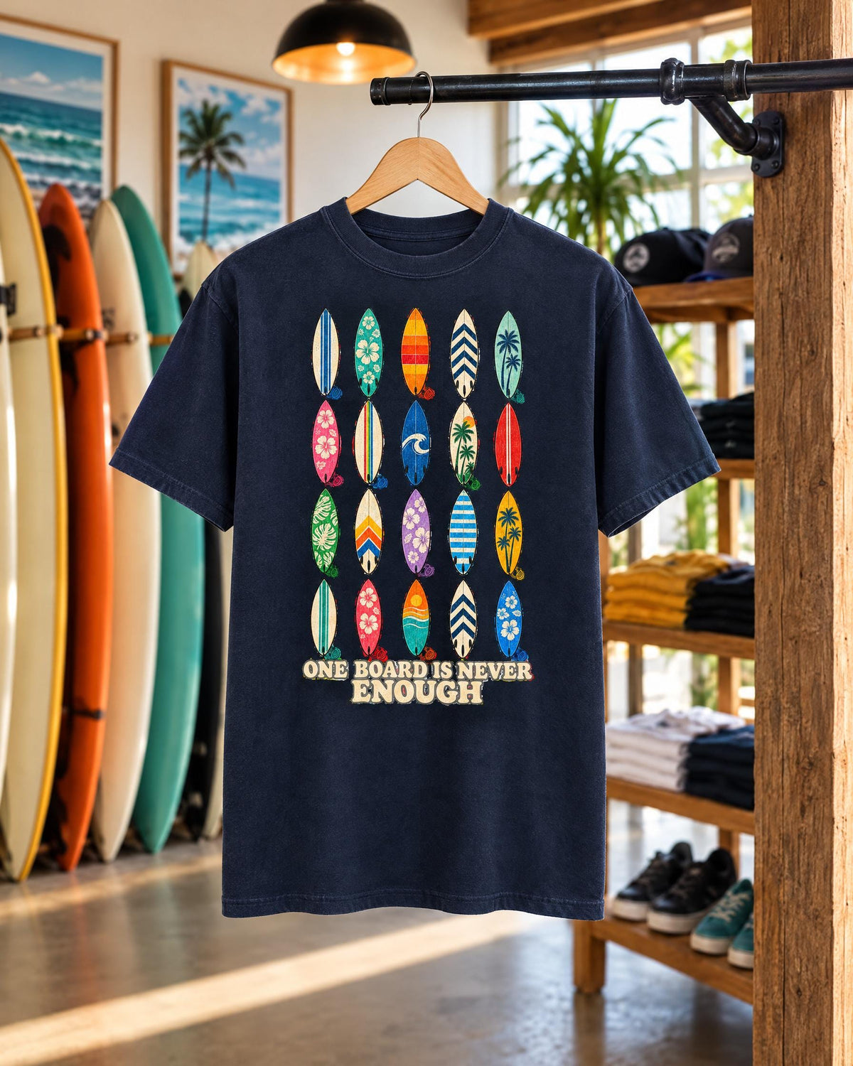 One Board Is Never Enough tee mockup on a hanger