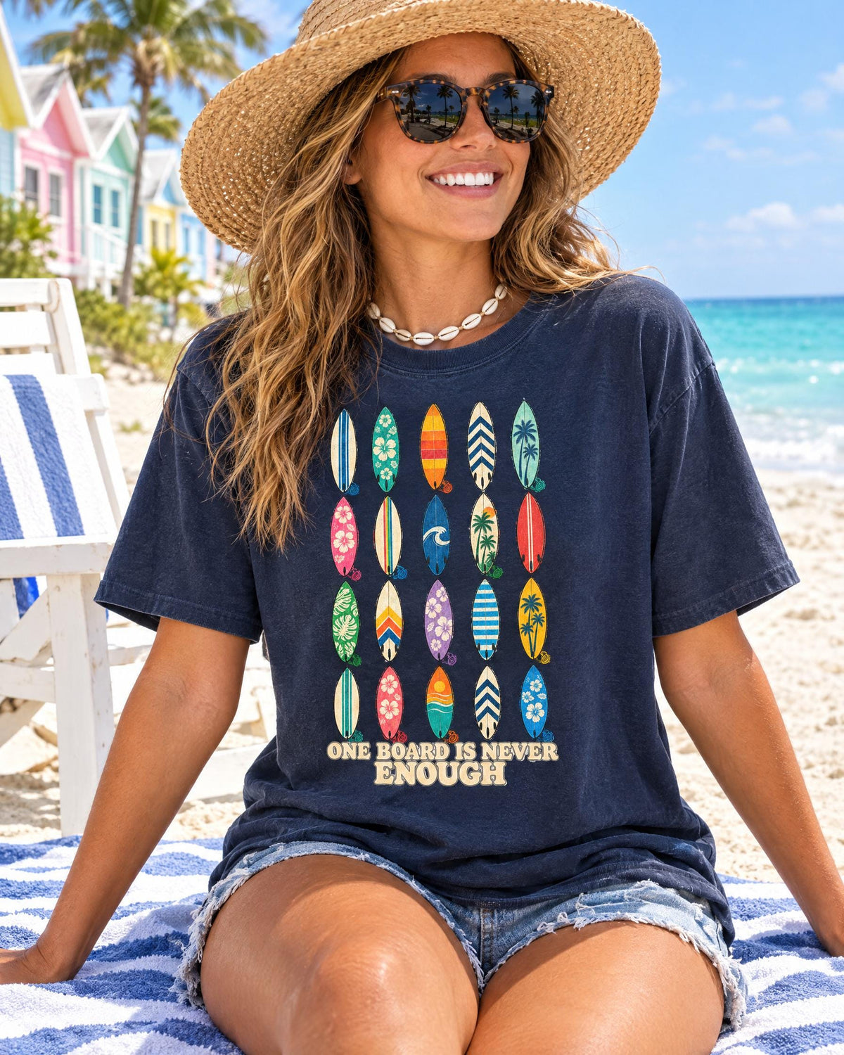 One Board Is Never Enough tee worn at the beach