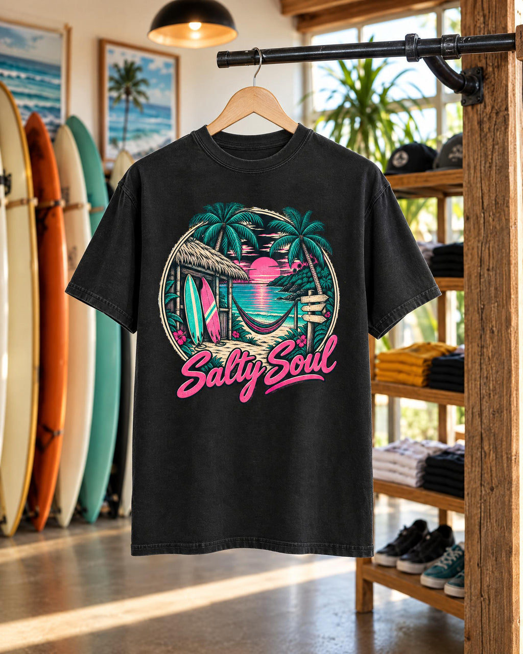 Salty Soul Sunset Bay tee mockup on a hanger