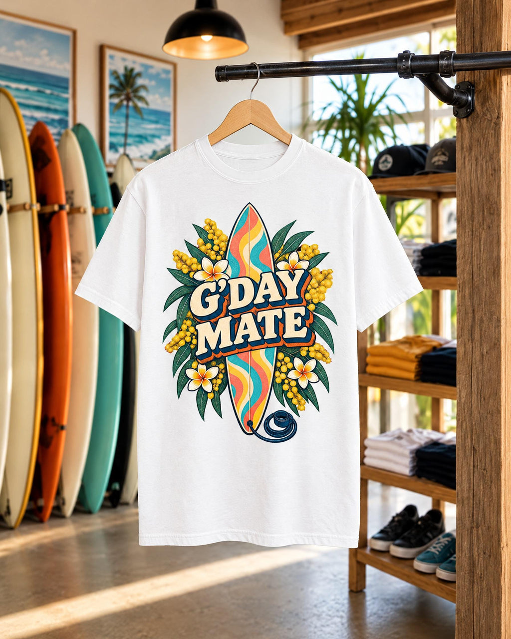 G'Day Mate tee mockup on a hanger