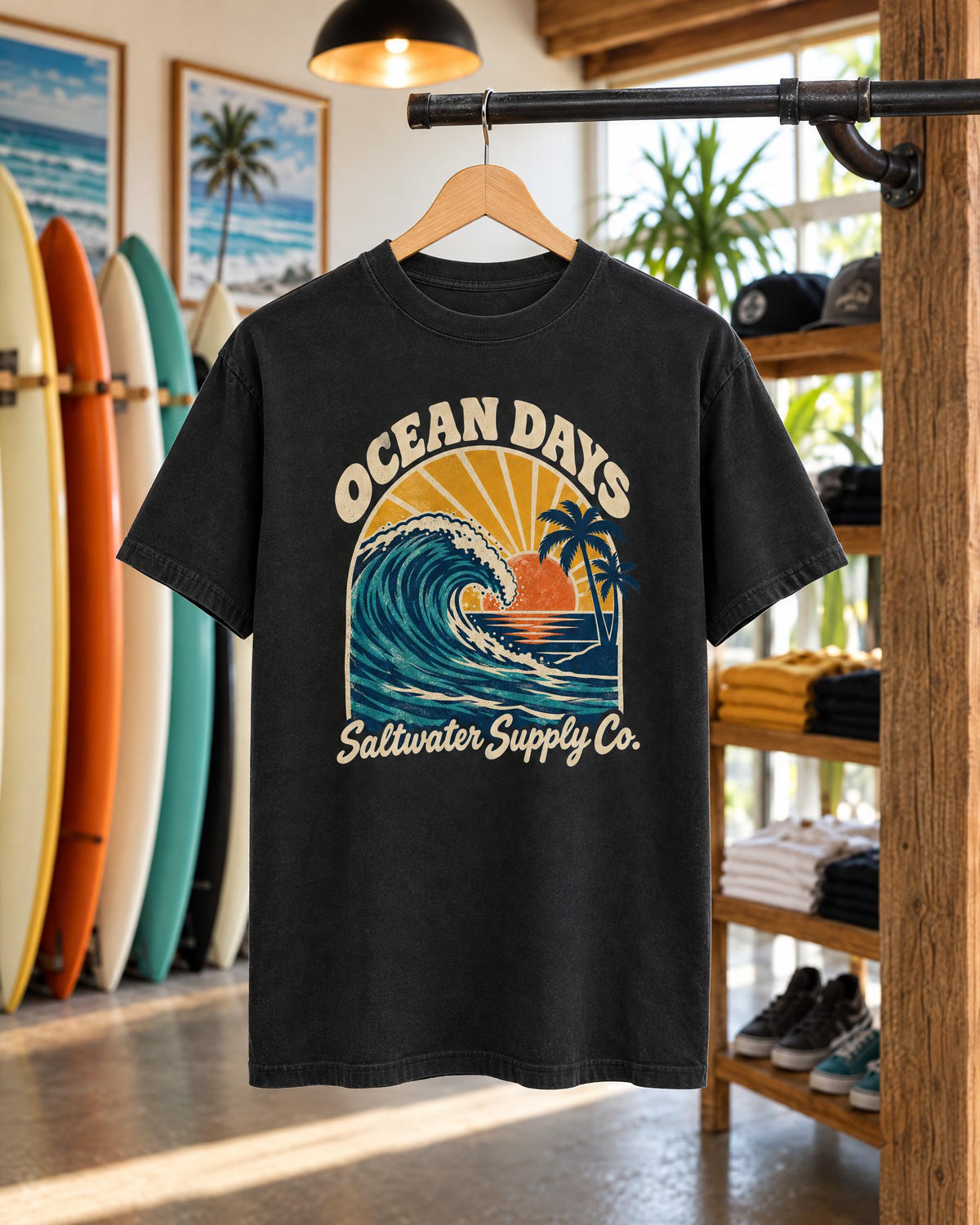 Ocean Days Saltwater Supply Co tee mockup on a hanger
