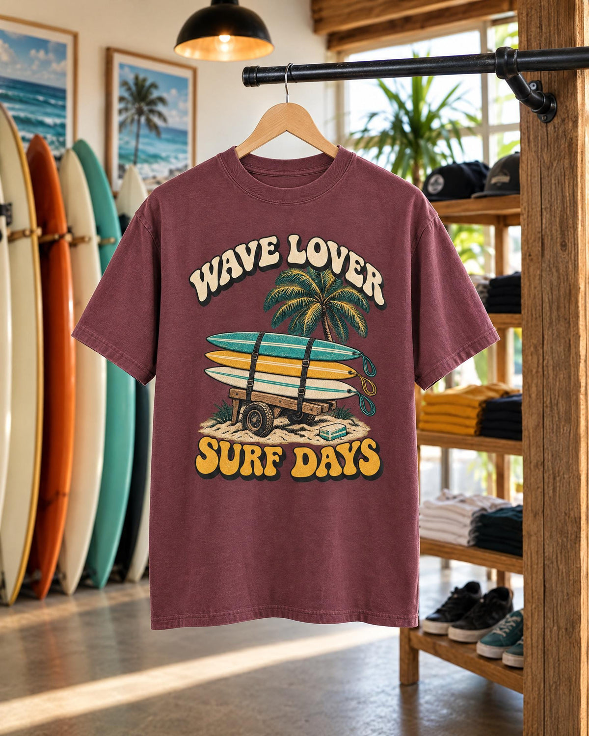 Wave Lover Surf Days tee mockup on a hanger