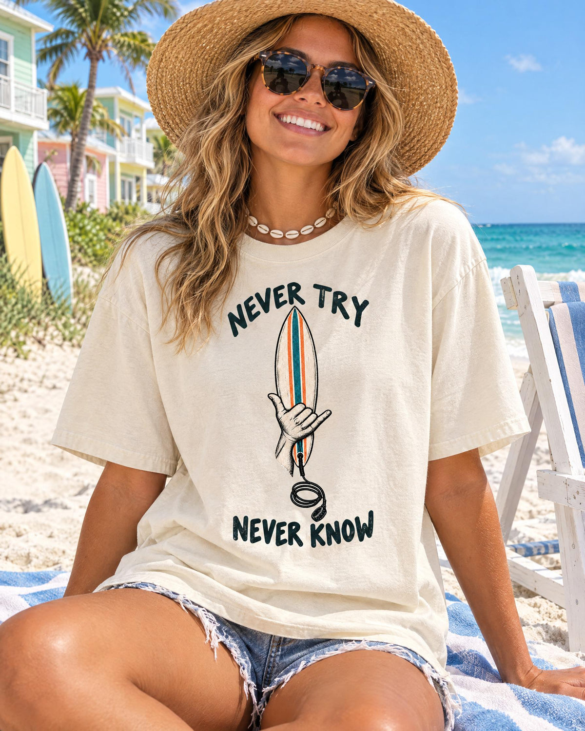 Never Try Never Know tee worn at the beach