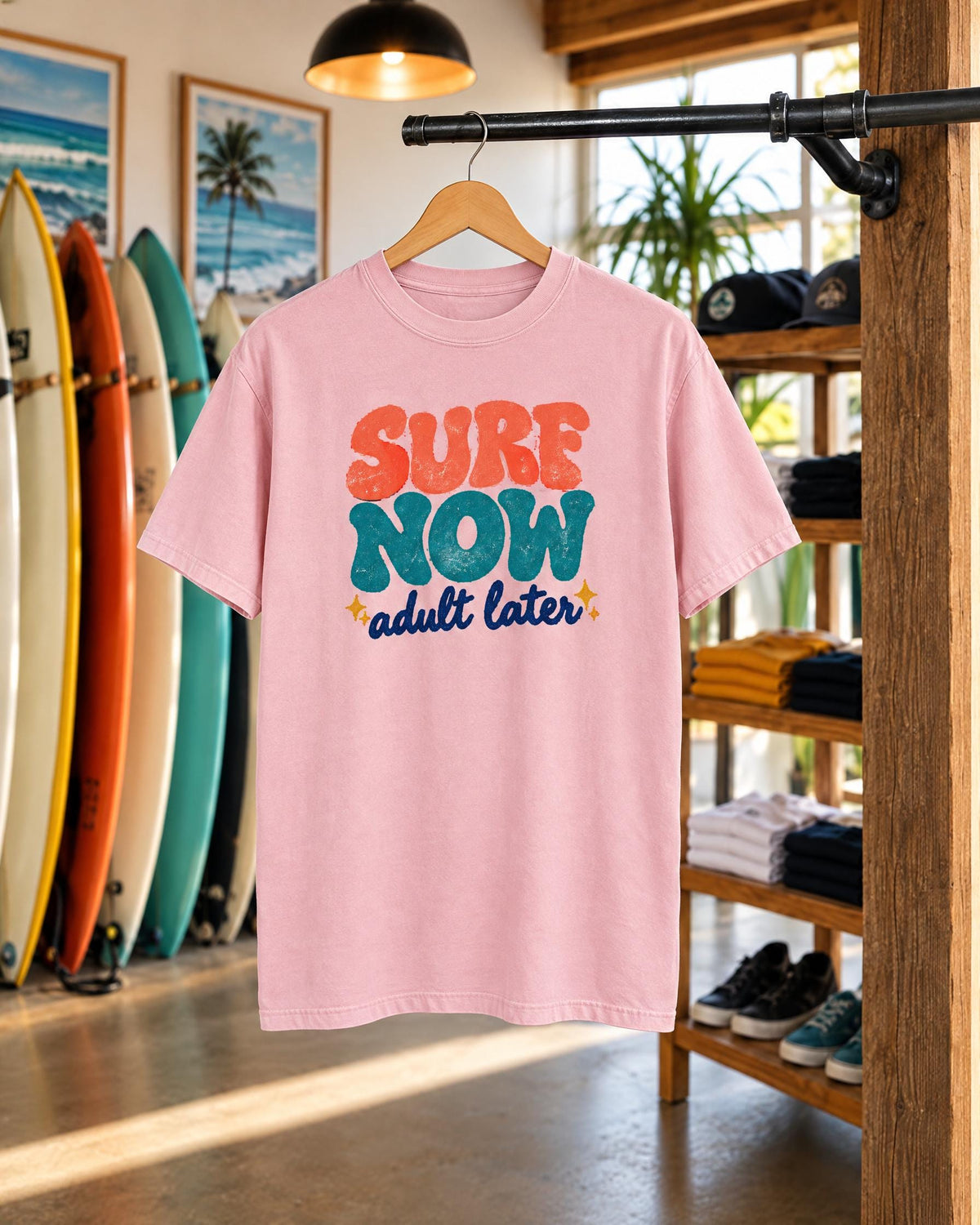 Surf Now Adult Later tee mockup on a hanger