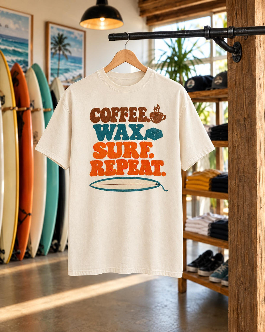 Coffee Wax Surf Repeat tee mockup on a hanger
