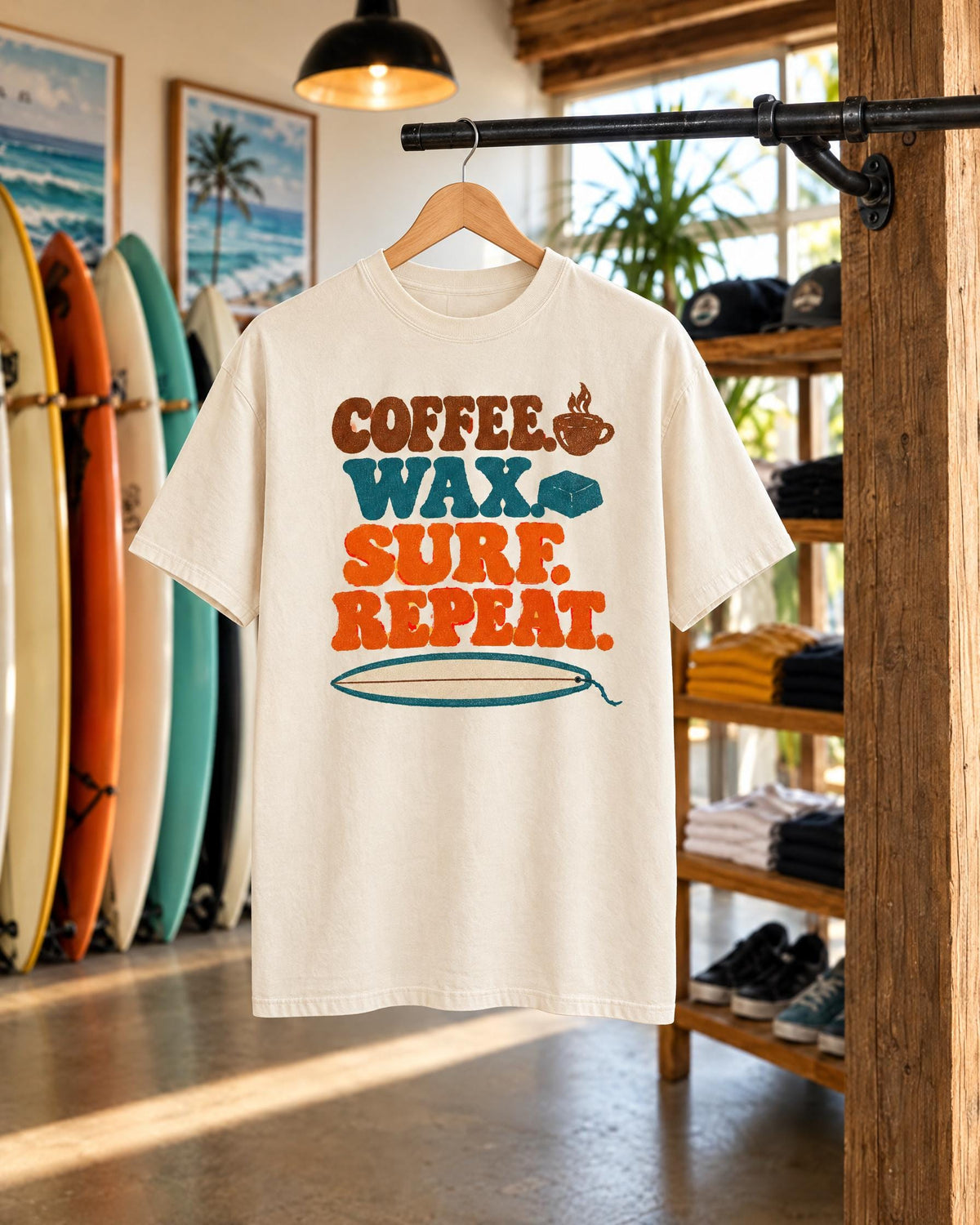 Coffee Wax Surf Repeat tee mockup on a hanger