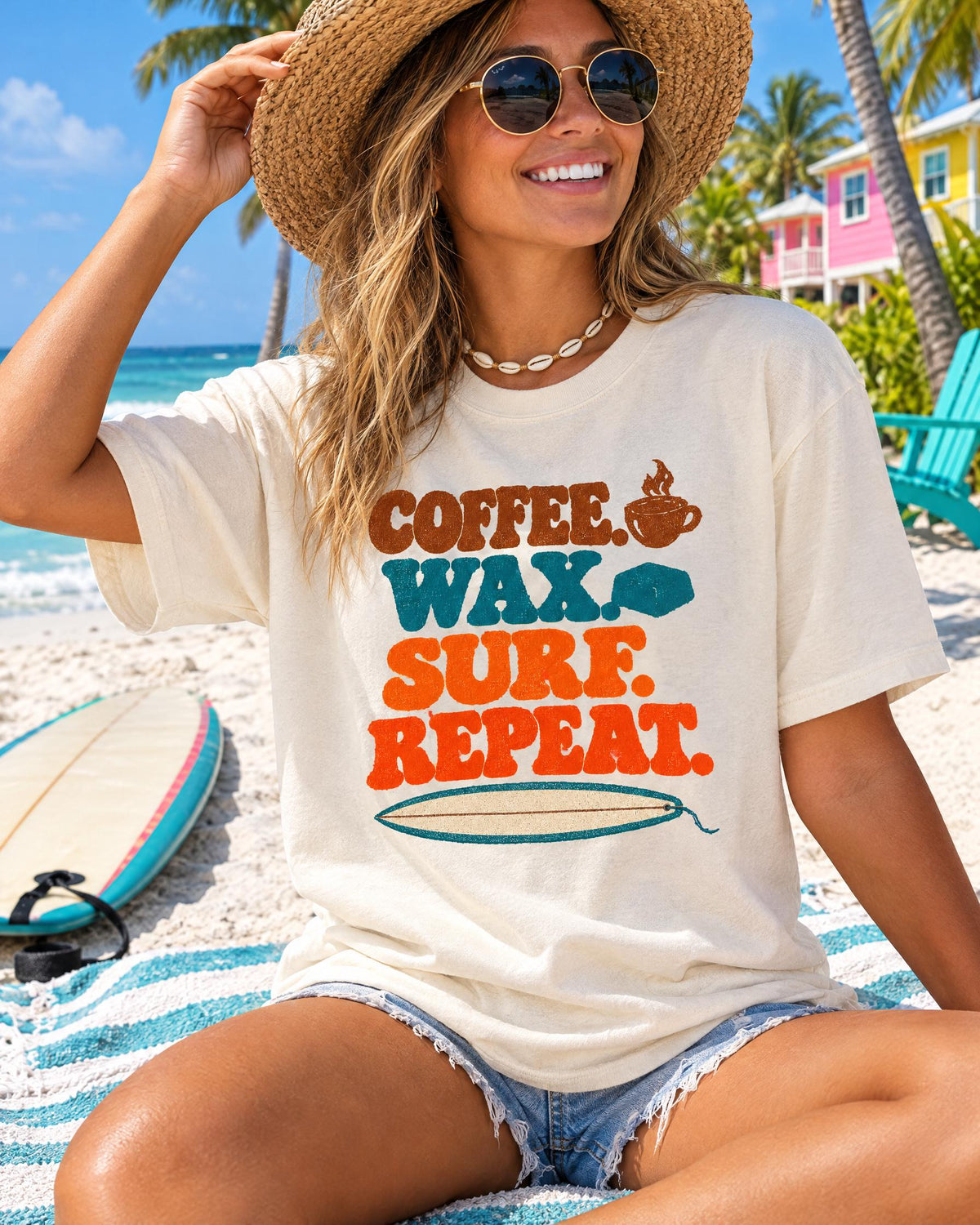 Coffee Wax Surf Repeat tee worn at the beach