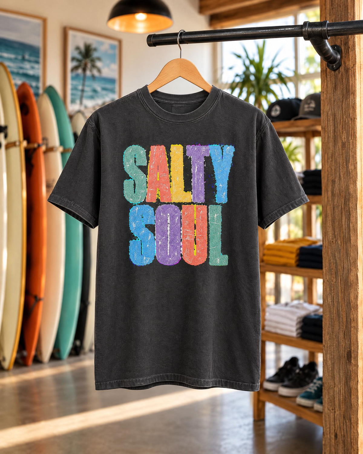 Salty Soul tee mockup on a hanger