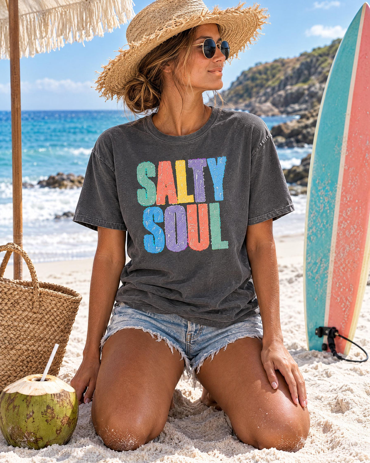 Salty Soul tee worn at the beach