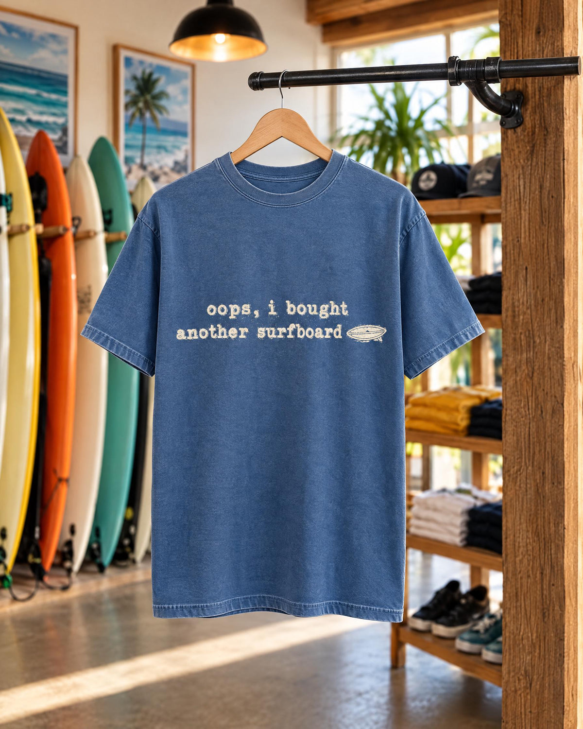 Oops I Bought Another Surfboard tee mockup on a hanger