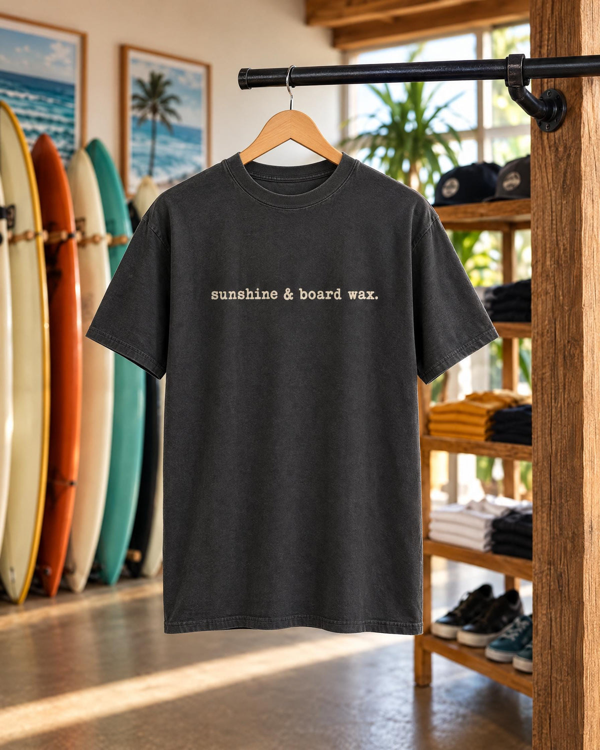 Sunshine & Board Wax tee mockup on a hanger