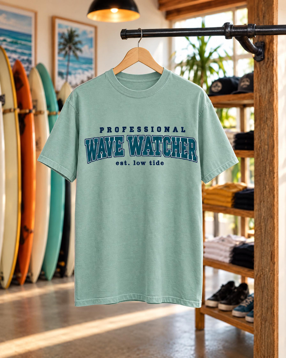 Professional Wave Watcher tee mockup on a hanger