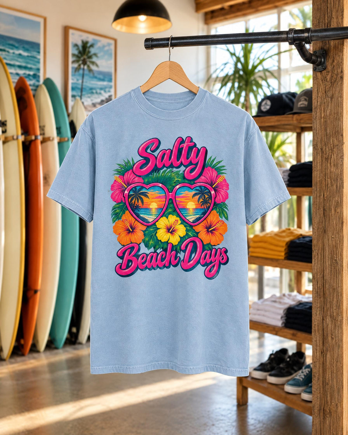 Salty Beach Days tee mockup on a hanger