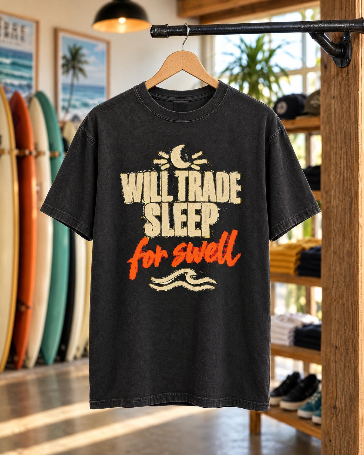 Will Trade Sleep For Swell tee mockup on a hanger