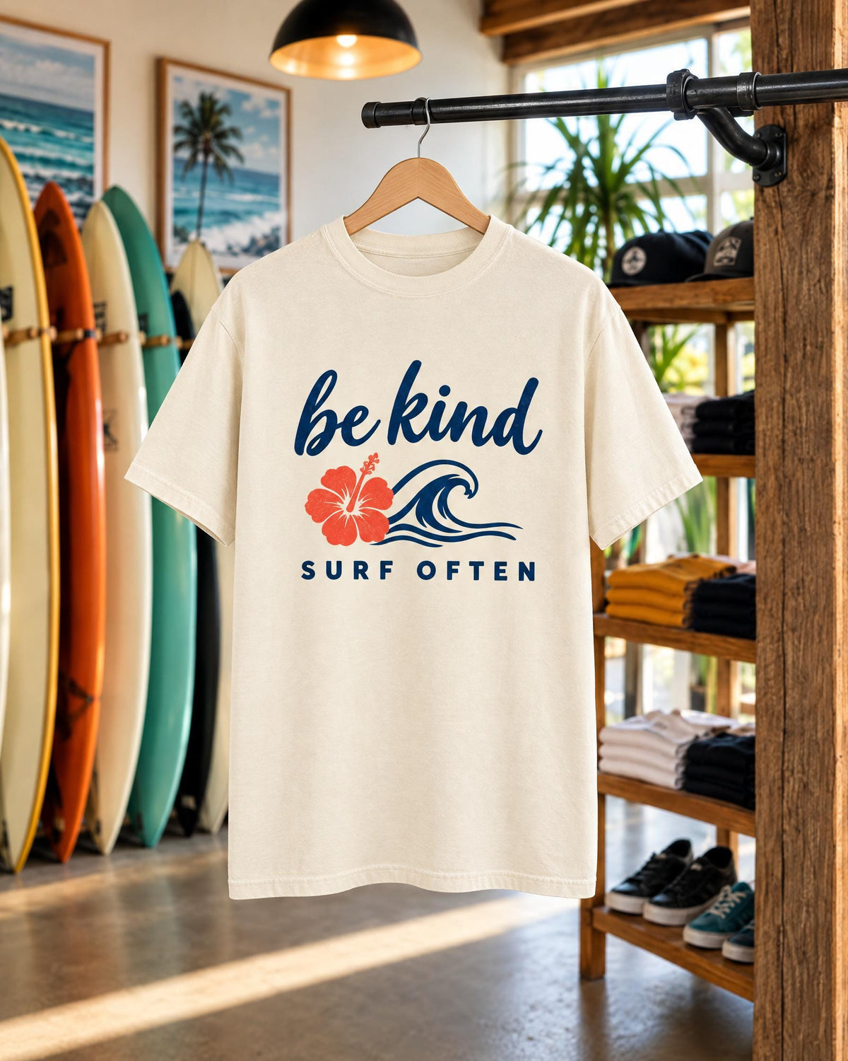 Be Kind Surf Often tee mockup on a hanger