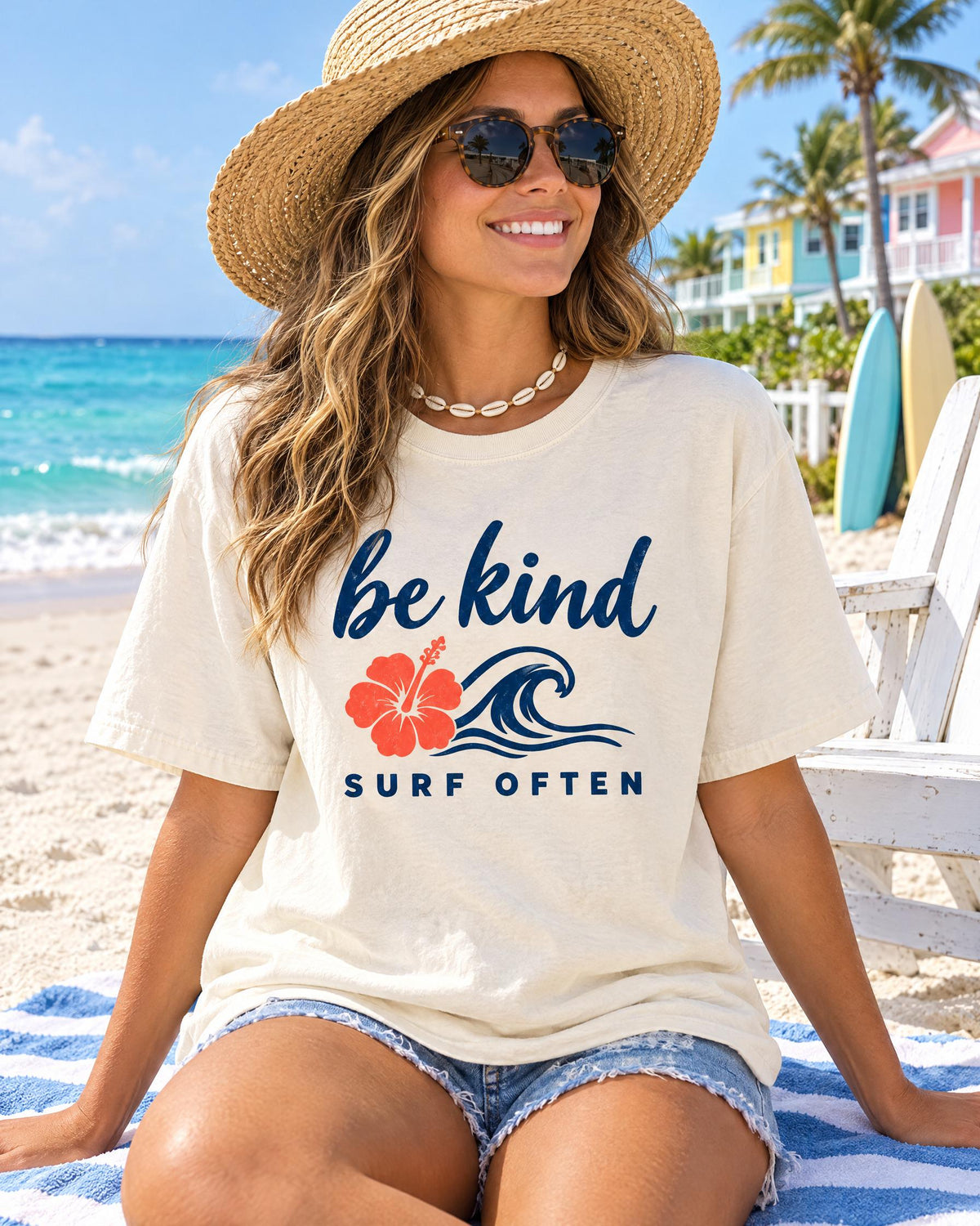 Be Kind Surf Often tee worn at the beach
