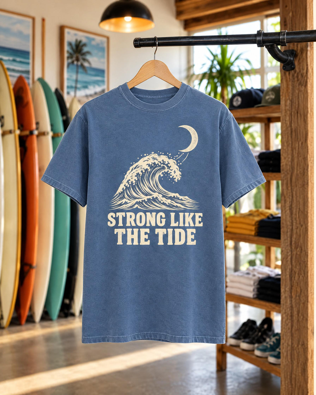 Strong Like The Tide tee mockup on a hanger