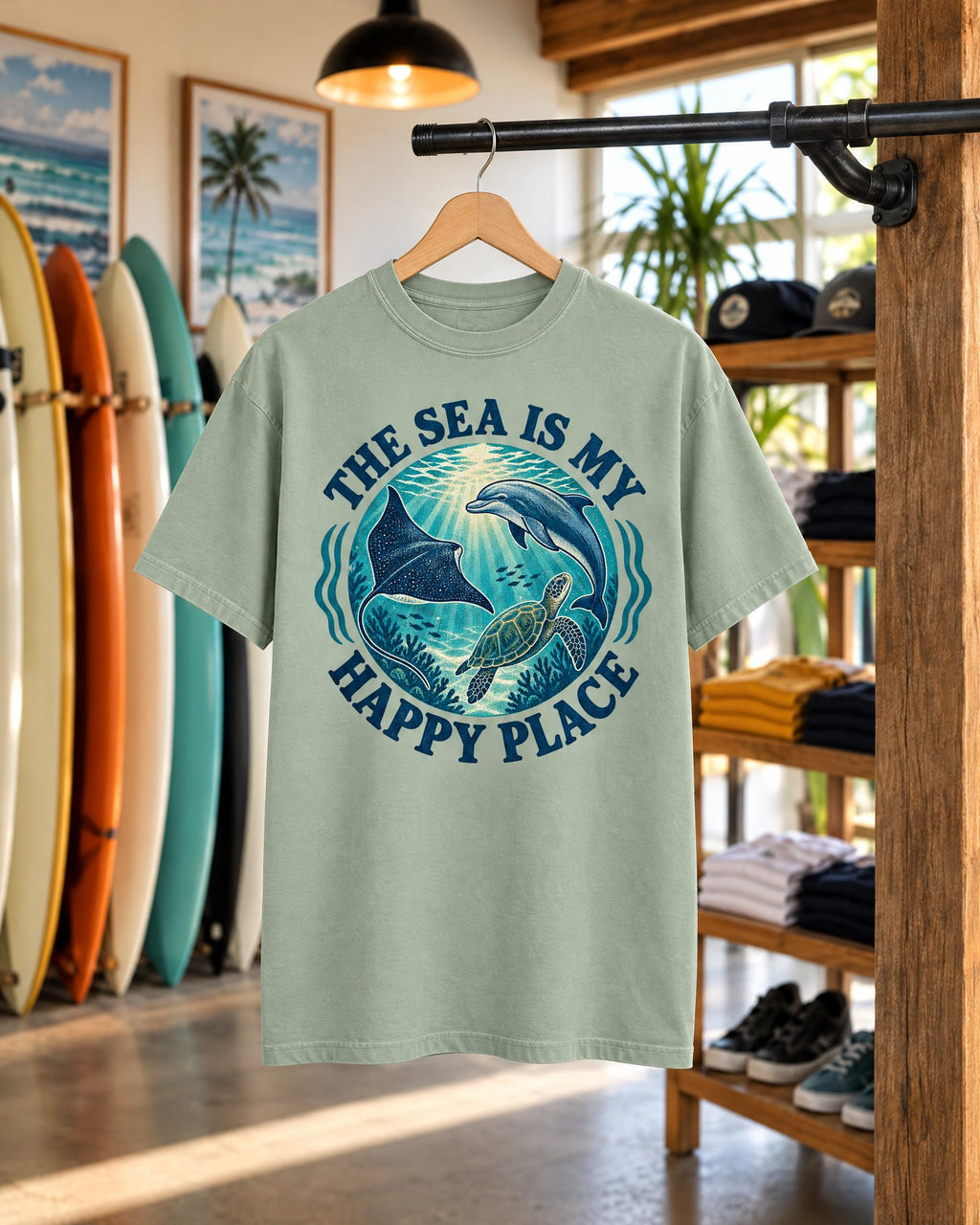 The Sea Is My Happy Place tee mockup on a hanger
