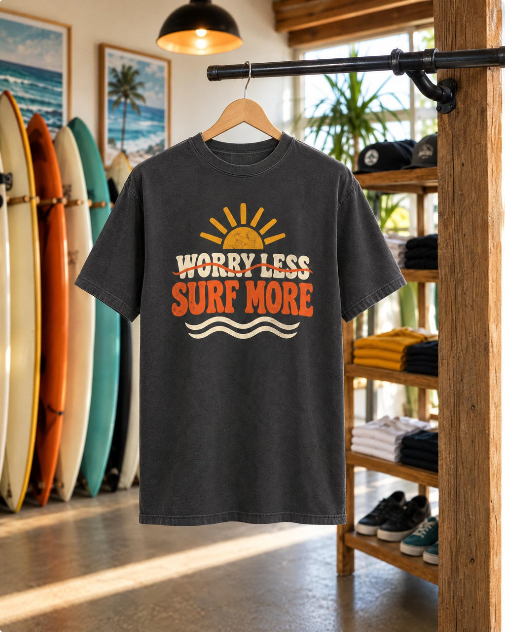 Worry Less Surf More tee mockup on a hanger