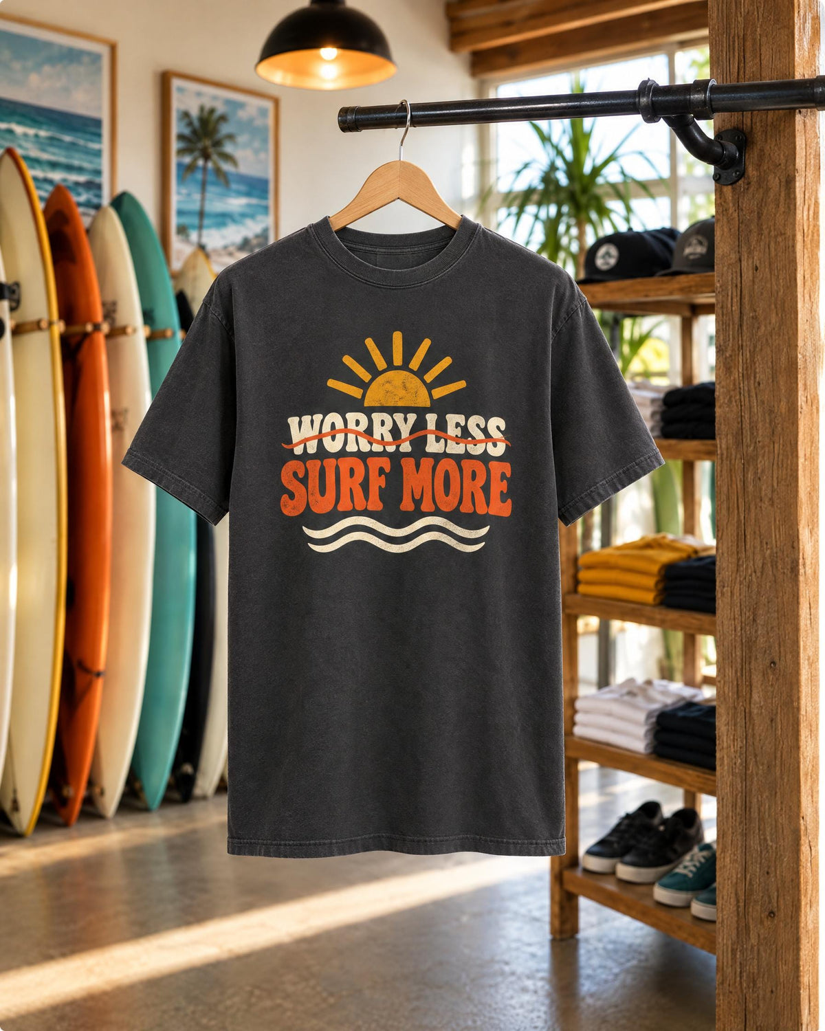 Worry Less Surf More tee mockup on a hanger