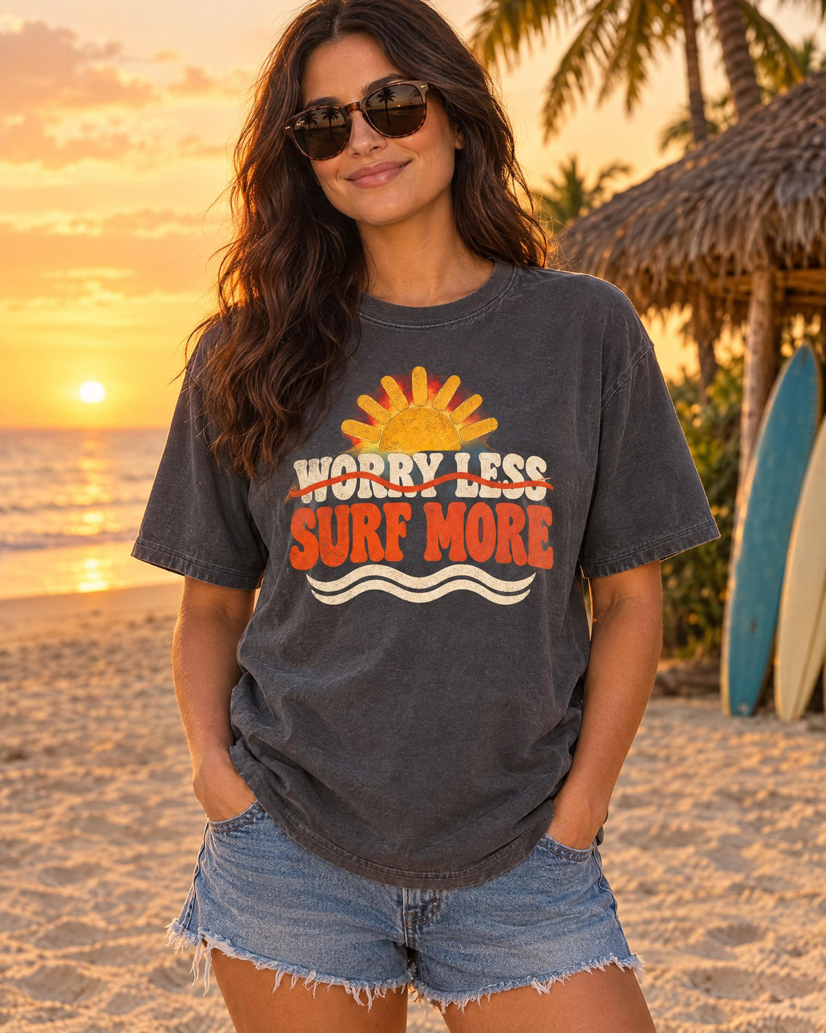 Worry Less Surf More tee lifestyle photo