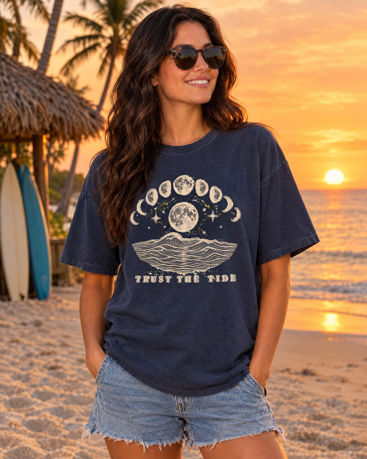 Trust The Tide tee worn at the beach