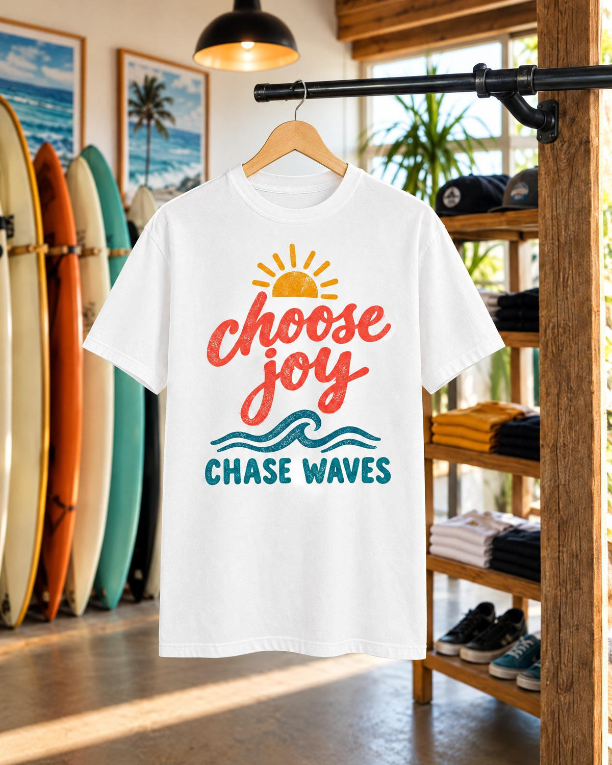 Choose Joy Chase Waves tee mockup on a hanger