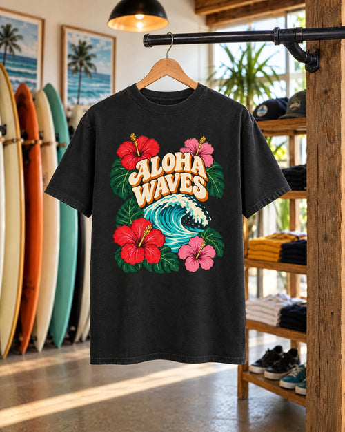 Aloha Waves tee mockup on a hanger