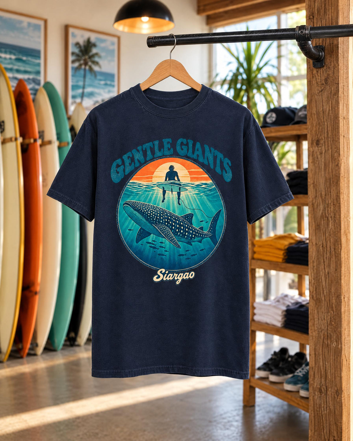 Gentle Giants Whale Shark tee mockup on a hanger