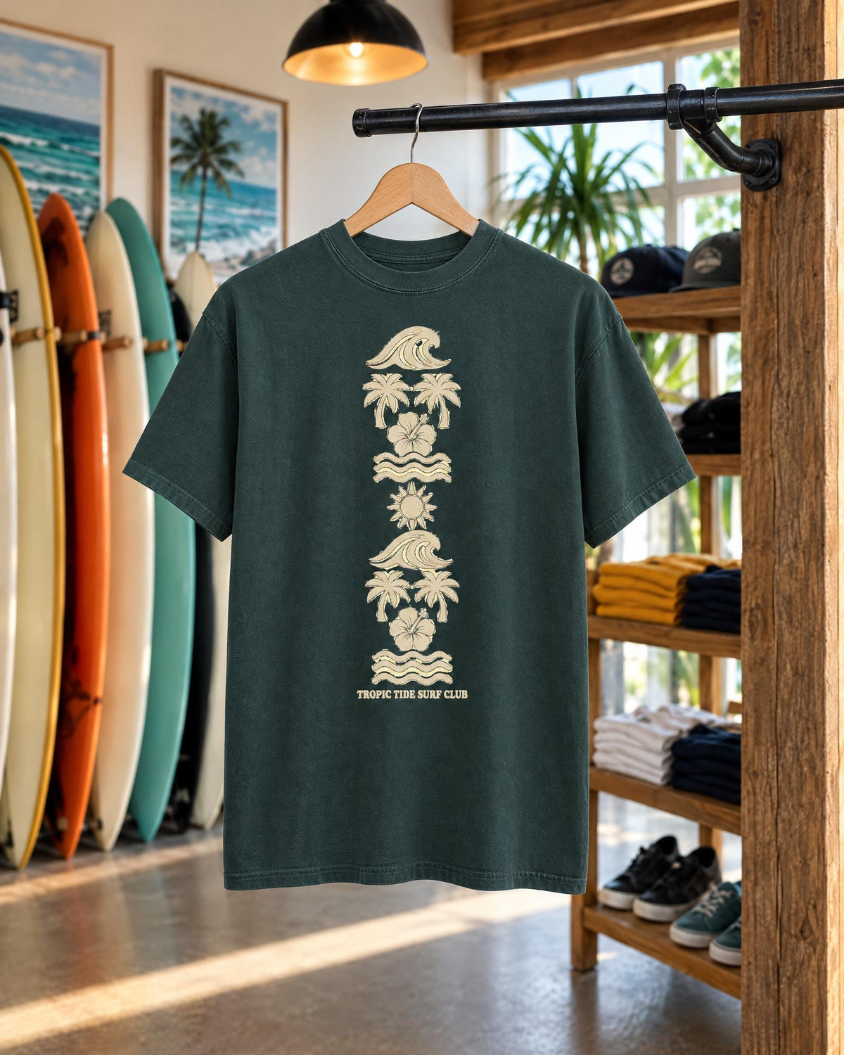Tropic Tide Surf Club tee mockup on a hanger