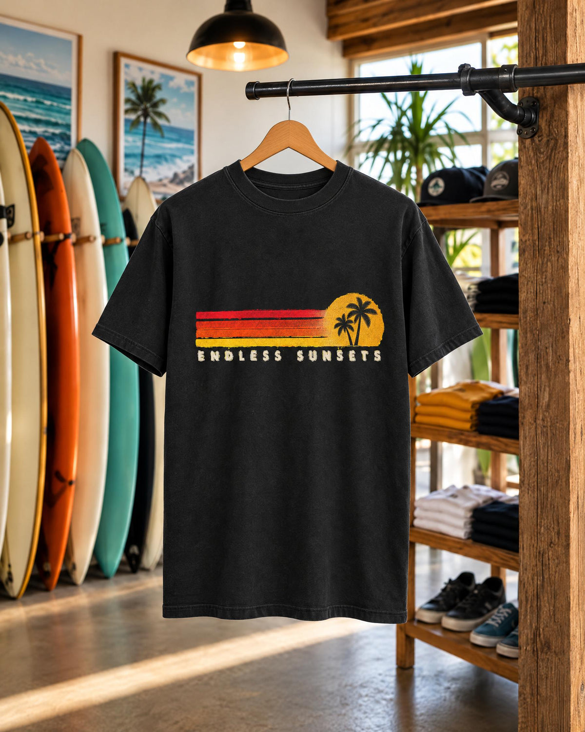 Endless Sunsets tee mockup on a hanger