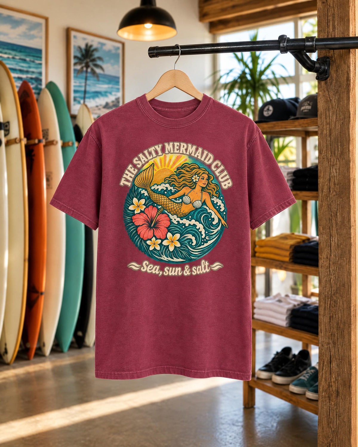 The Salty Mermaid Club tee mockup on a hanger