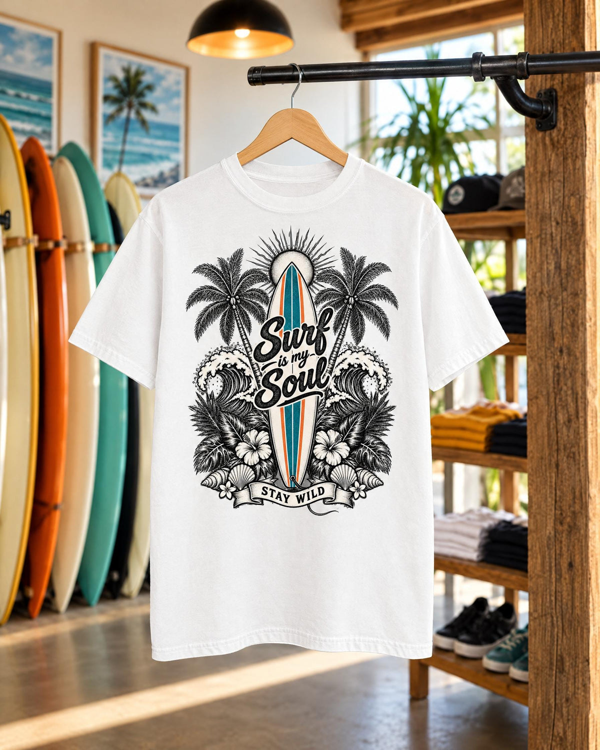 Surf Is My Soul tee mockup on a hanger