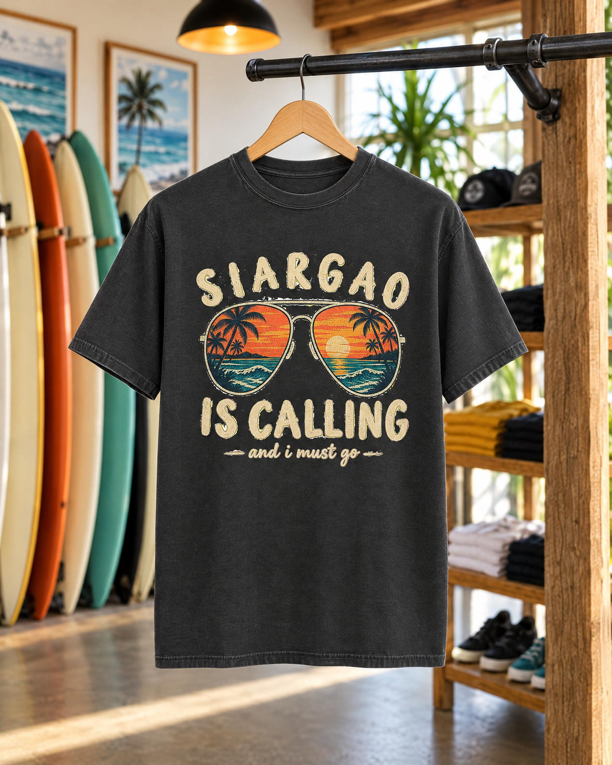 Siargao Is Calling tee mockup on a hanger