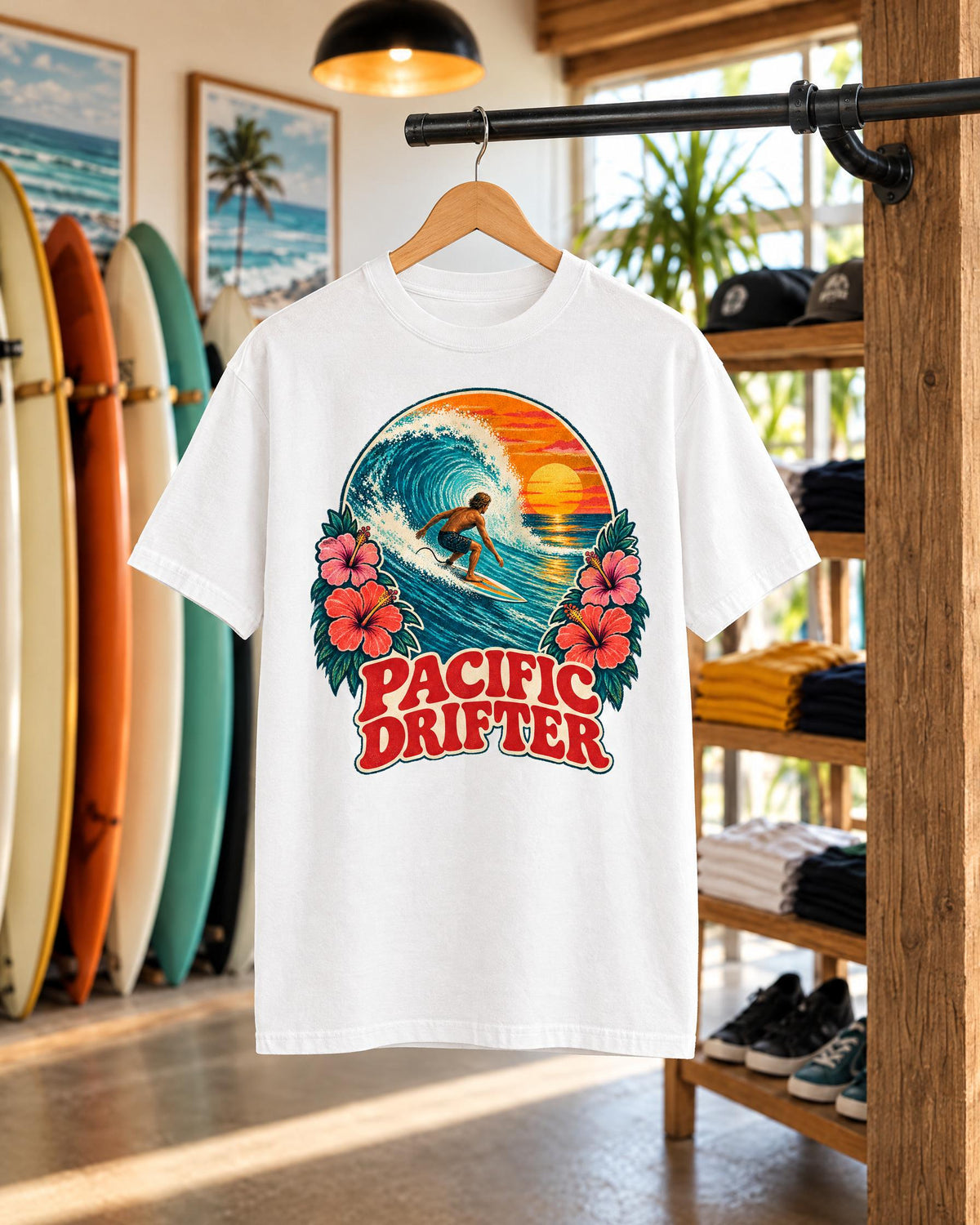Pacific Drifter tee mockup on a hanger
