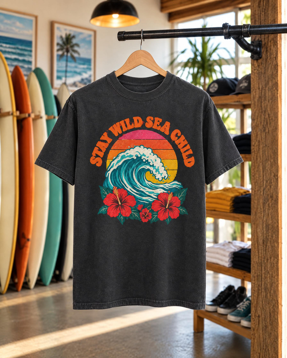Stay Wild Sea Child tee mockup on a hanger