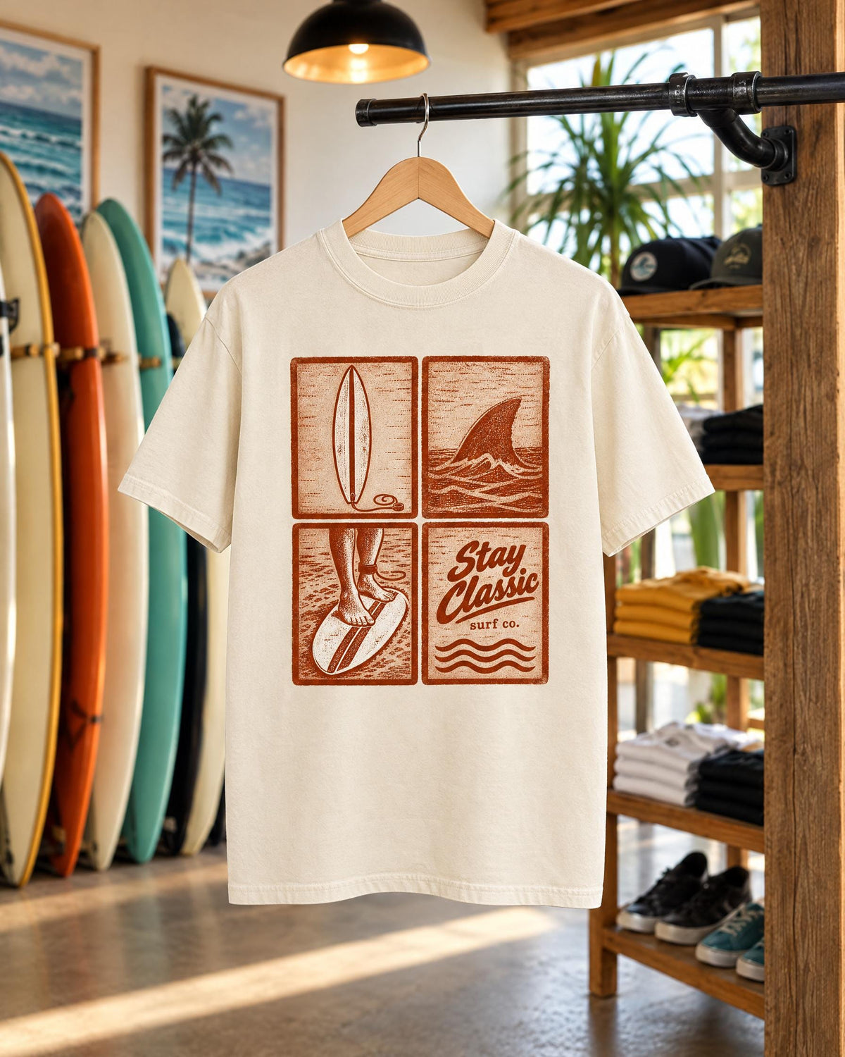 Stay Classic Surf Co tee mockup on a hanger