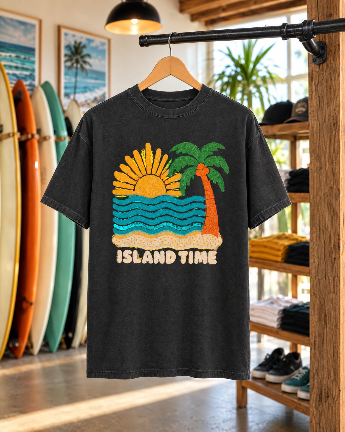 Island Time tee mockup on a hanger