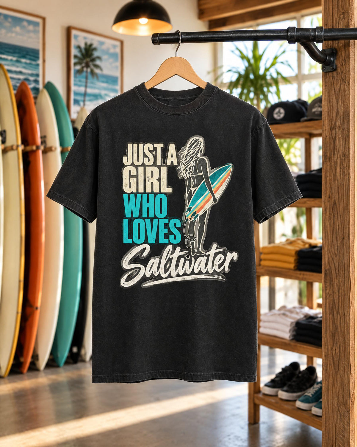 Just A Girl Who Loves Saltwater tee mockup on a hanger
