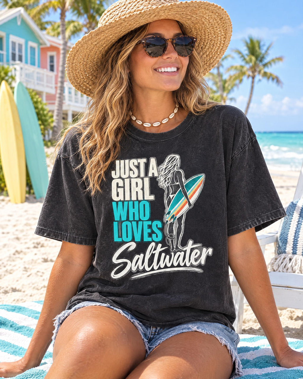 Just A Girl Who Loves Saltwater tee worn at the beach