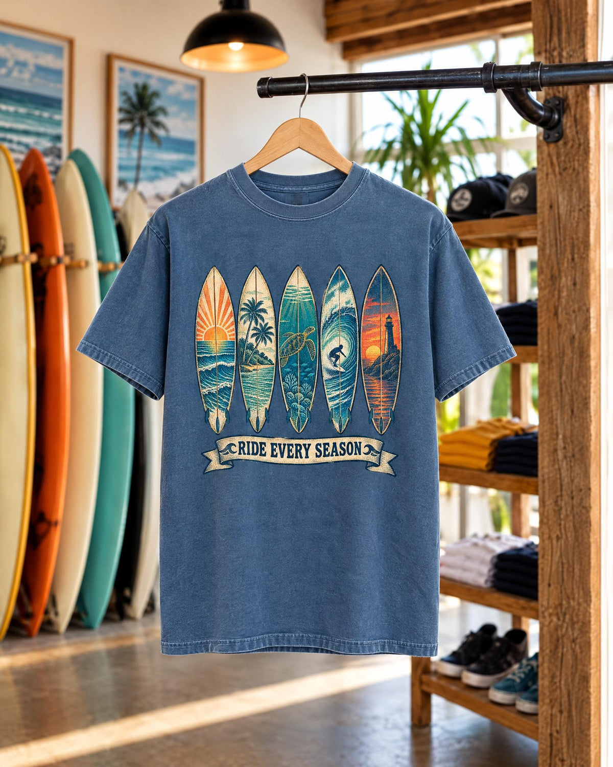 Ride Every Season tee mockup on a hanger