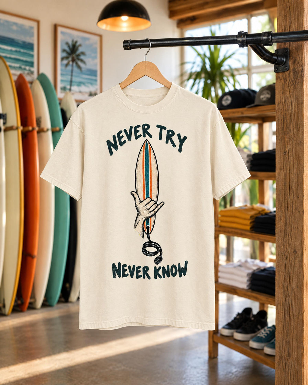 Never Try Never Know tee mockup on a hanger