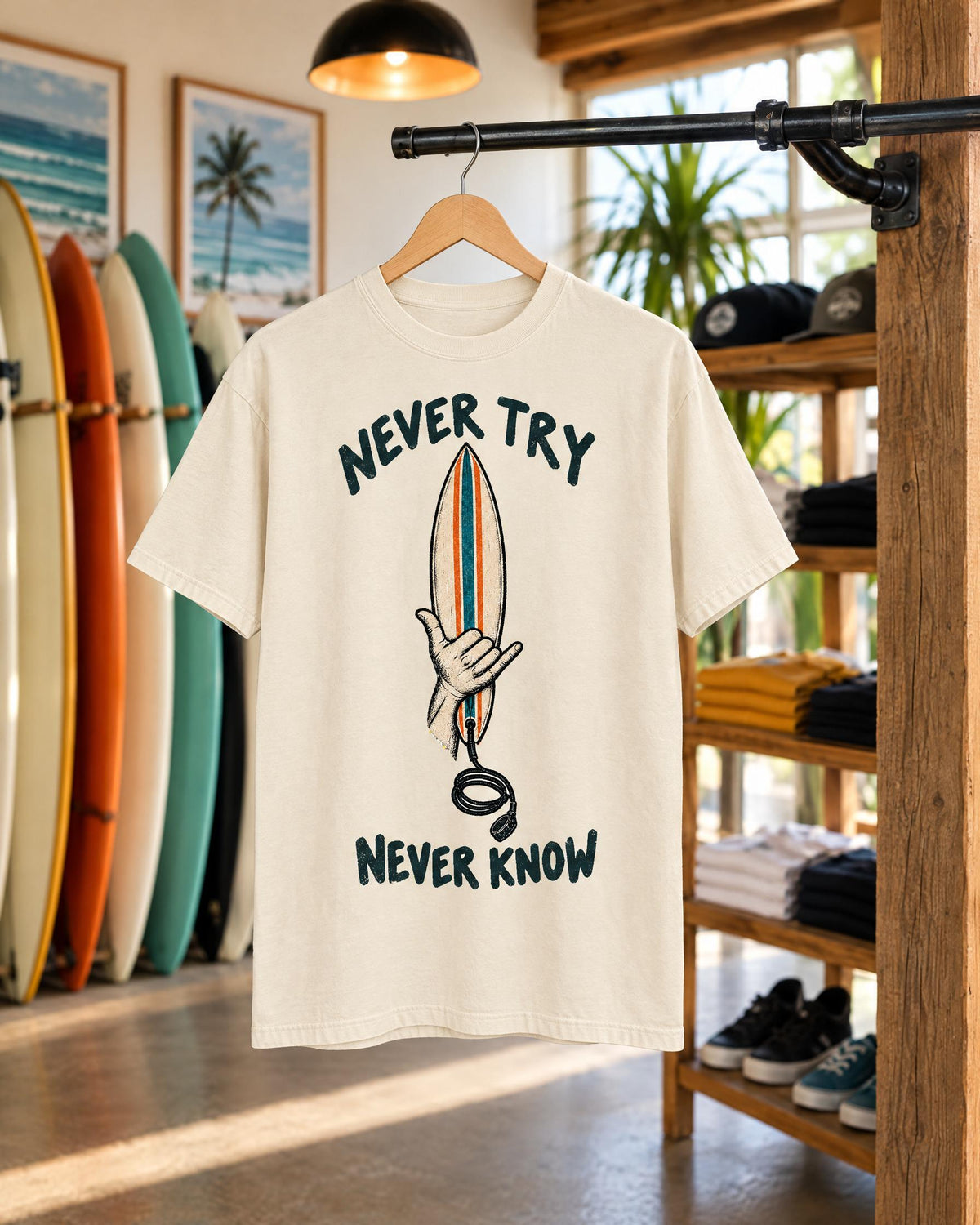 Never Try Never Know tee mockup on a hanger