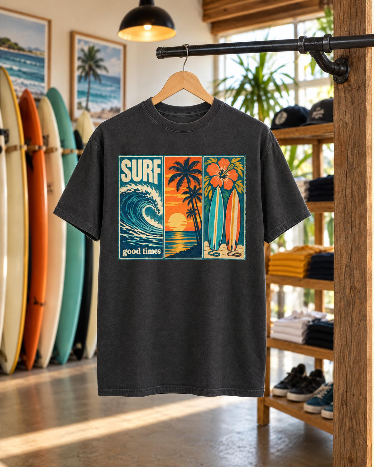 Surf Good Times tee mockup on a hanger