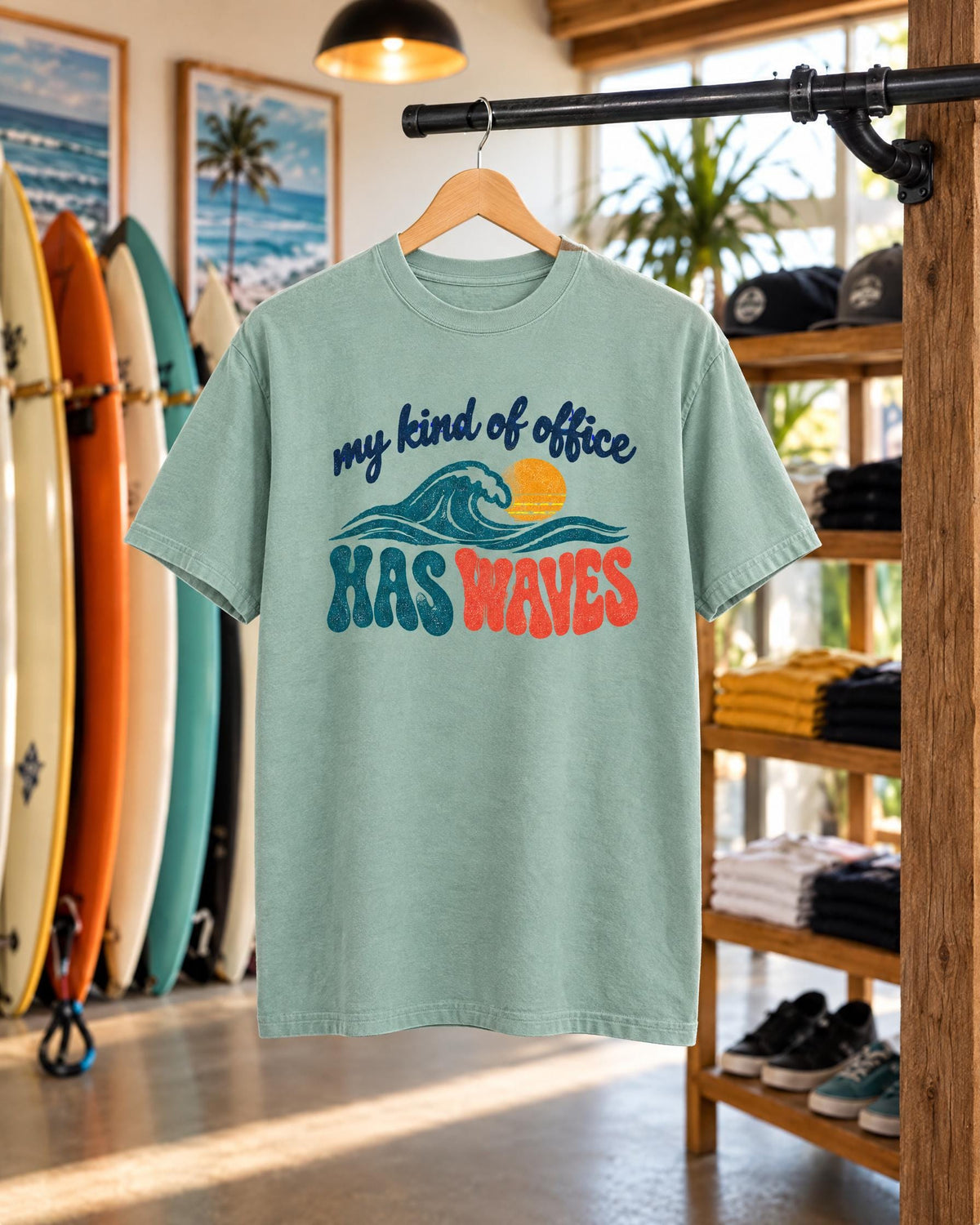 My Kind Of Office Has Waves tee mockup on a hanger