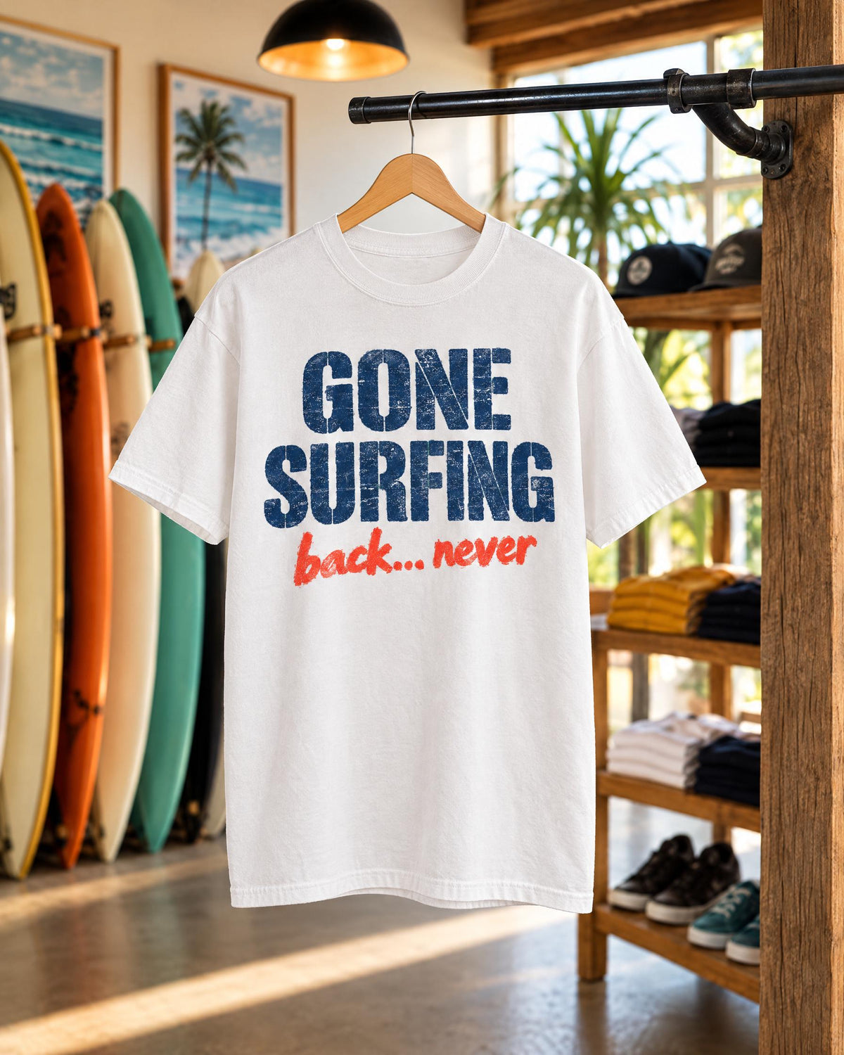 Gone Surfing Back Never tee mockup on a hanger