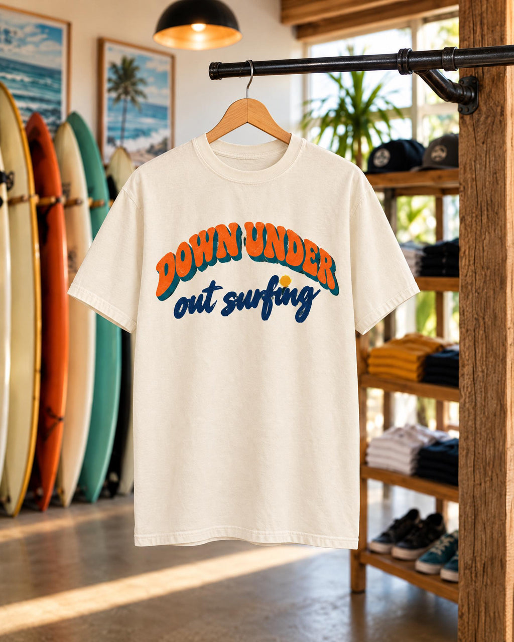 Down Under Out Surfing tee mockup on a hanger